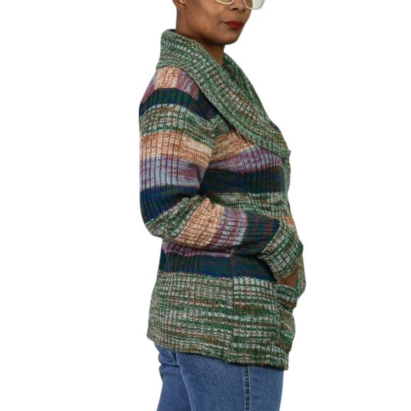 Vintage Hand Loomed Knit Cardigan Sweater Green Marled Rainbow Stripe 70s Medium - Picture 15 of 16